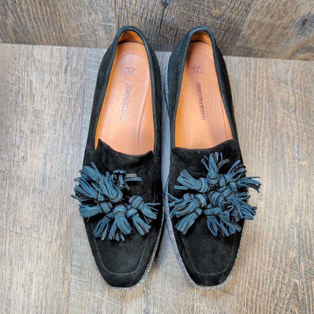 Johnston & Murphy Gracelyn Platform Tassel Loafers Black Suede Glitter Size 7.5 - Picture 5 of 13